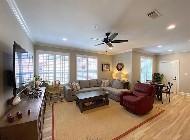 801 Luther St W Unit 1407, College Station, TX 77840 - living area featuring light wood-style flooring, a ceiling fan, crown molding, recessed lighting, and baseboards