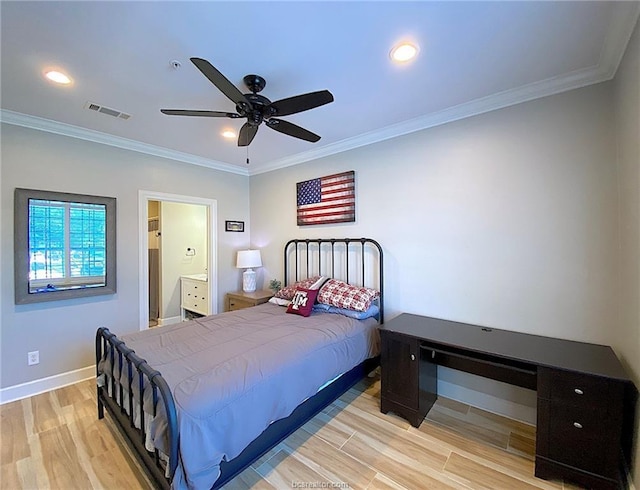 801 Luther St W Unit 1407, College Station, TX 77840 - bedroom with light wood-style flooring, baseboards, ornamental molding, recessed lighting, and ensuite bathroom