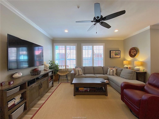 801 Luther St W Unit 1407, College Station, TX 77840 - living room featuring ornamental molding, ceiling fan, recessed lighting, and light wood-style flooring