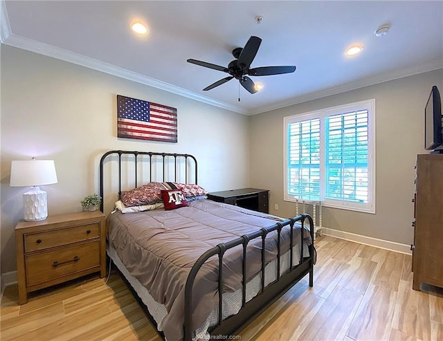 801 Luther St W Unit 1407, College Station, TX 77840 - bedroom with light wood-type flooring, baseboards, ornamental molding, recessed lighting, and ceiling fan