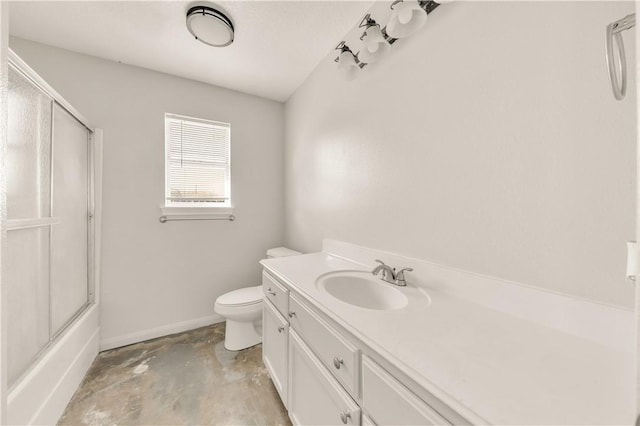 full bathroom featuring concrete flooring, vanity, toilet, and enclosed tub / shower combo