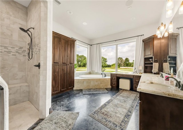 full bathroom with a bath, vanity, visible vents, and tiled shower