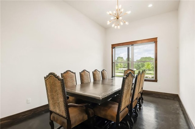dining space with a chandelier, baseboards, and recessed lighting