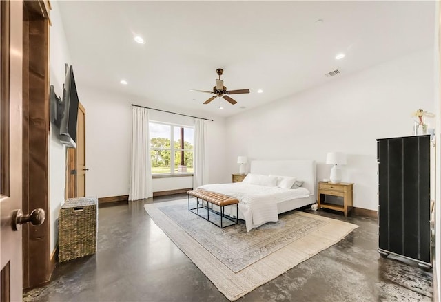 bedroom with recessed lighting, baseboards, visible vents, and finished concrete flooring