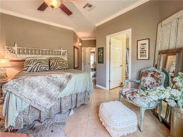 tiled bedroom featuring ceiling fan and ornamental molding