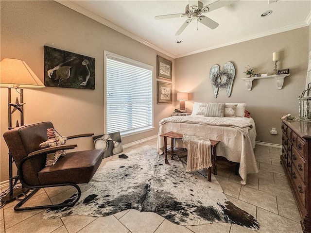 bedroom with ceiling fan and ornamental molding