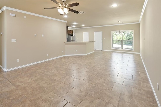 unfurnished living room with ceiling fan with notable chandelier and ornamental molding