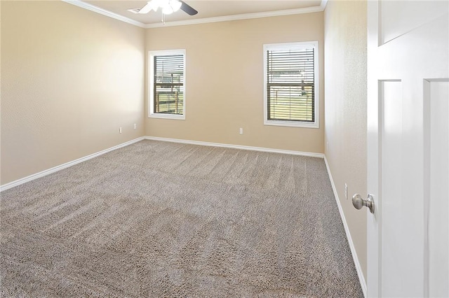 spare room with a healthy amount of sunlight, ornamental molding, and carpet floors