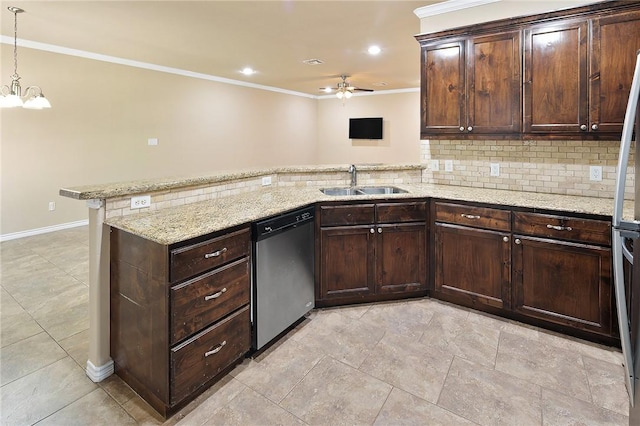 kitchen with kitchen peninsula, ceiling fan with notable chandelier, stainless steel appliances, sink, and pendant lighting