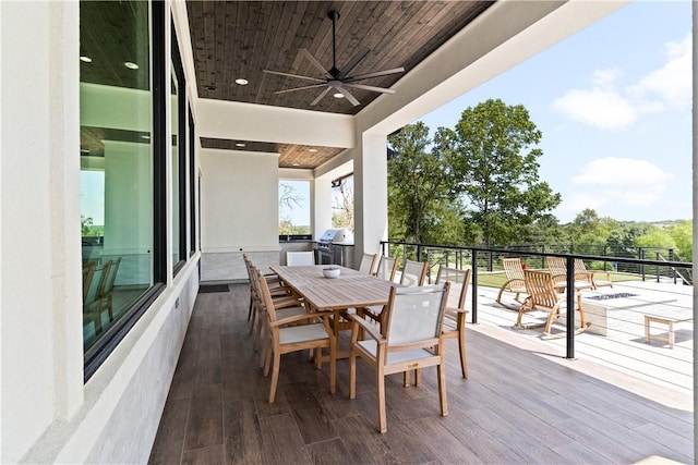 balcony with ceiling fan and a grill