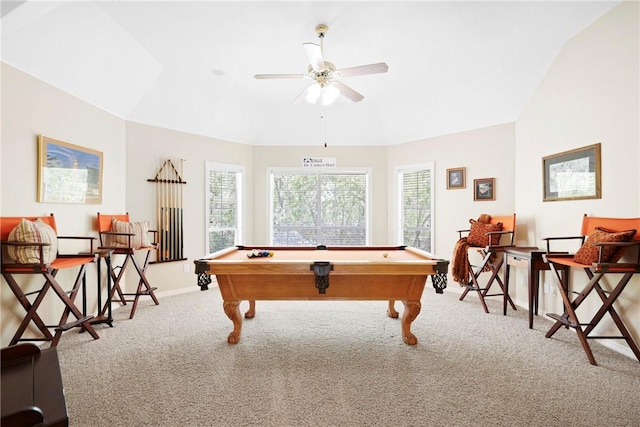 4304 Newcastle Ct, Bryan, TX 77802 - rec room featuring carpet floors, billiards, baseboards, and a ceiling fan