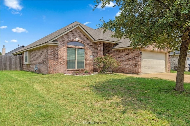 single story home featuring a garage and a front yard