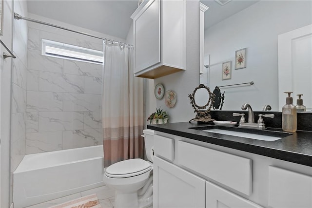 full bathroom featuring shower / bath combo, marble finish floor, vanity, and toilet