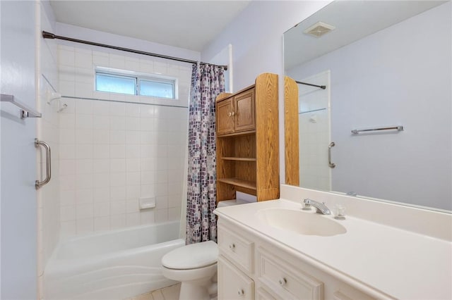 full bathroom featuring toilet, vanity, tile patterned floors, and shower / tub combo with curtain