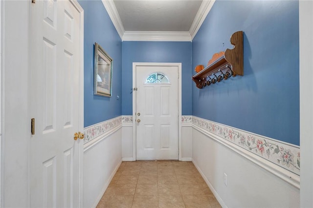 doorway with ornamental molding and light tile patterned flooring