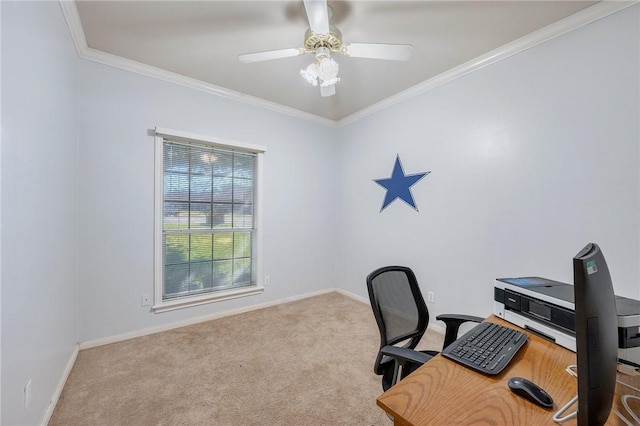 office space with carpet flooring, ceiling fan, and crown molding