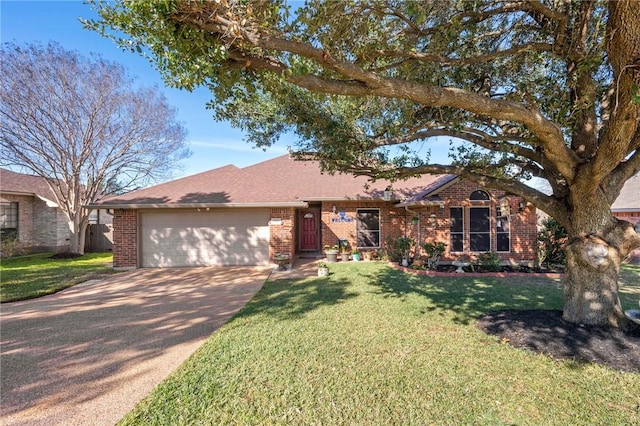 ranch-style house featuring a garage and a front lawn