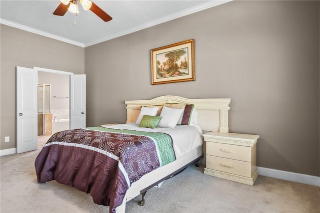 carpeted bedroom with connected bathroom, ceiling fan, and ornamental molding