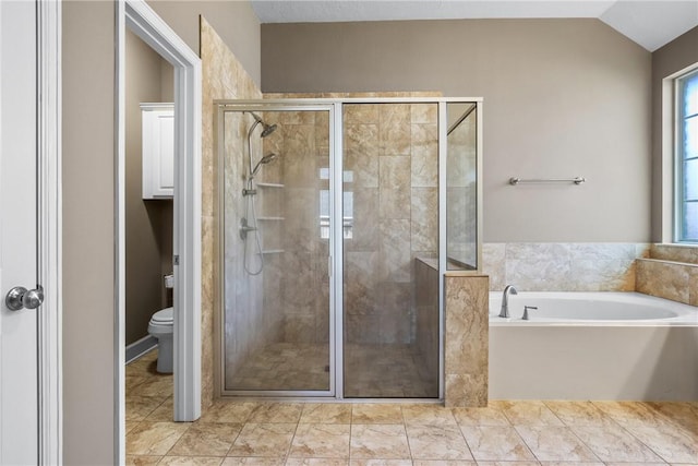 bathroom with toilet, plus walk in shower, and vaulted ceiling