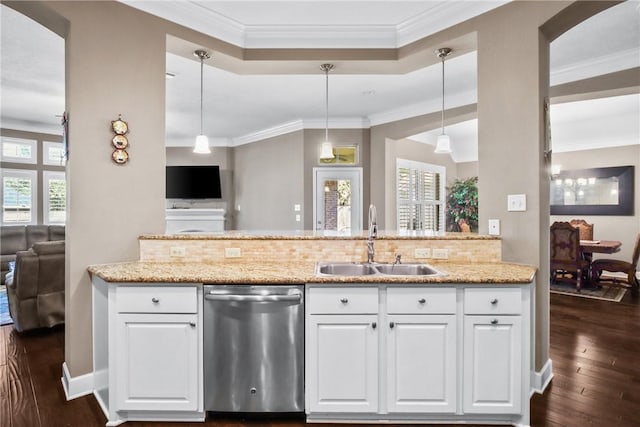 kitchen with dark hardwood / wood-style flooring, white cabinetry, stainless steel dishwasher, and sink