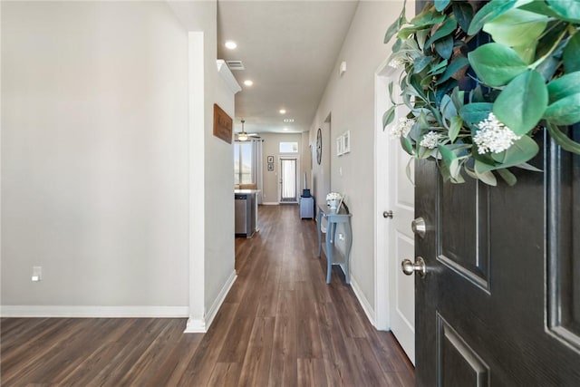 1975 Chief St, Bryan, TX 77807 - hall with dark wood-style floors, baseboards, and recessed lighting