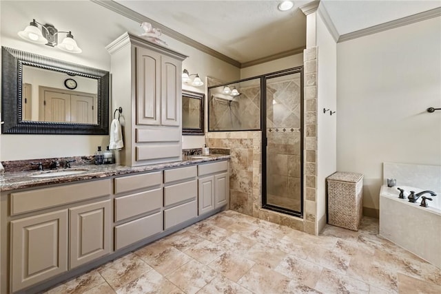 full bath with a shower stall, ornamental molding, a bath, and a sink