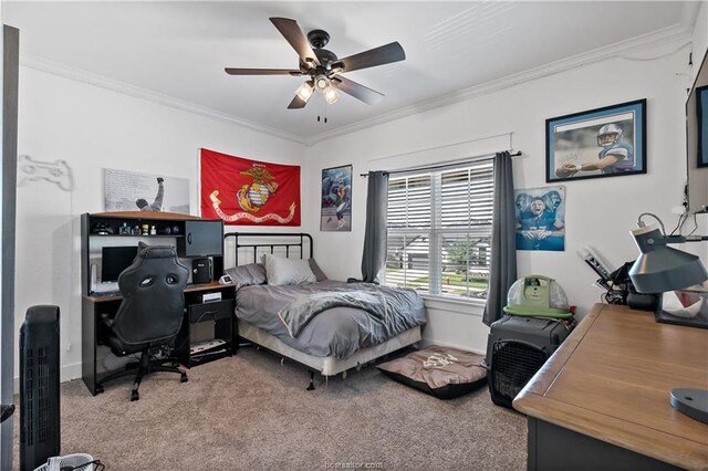 bedroom featuring carpet flooring, ceiling fan, ornamental molding, and a textured ceiling