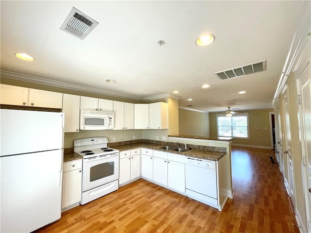 kitchen featuring white cabinetry, sink, white appliances, and kitchen peninsula