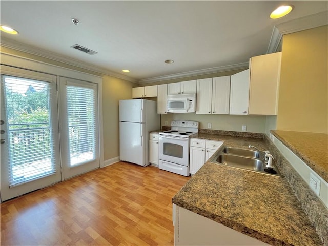 kitchen with sink, crown molding, white cabinetry, light wood-type flooring, and white appliances