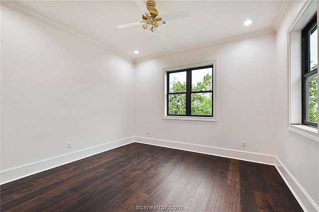 spare room with a wealth of natural light, ceiling fan, wood-type flooring, and ornamental molding