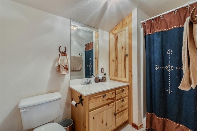 bathroom featuring vanity, a textured ceiling, toilet, and walk in shower