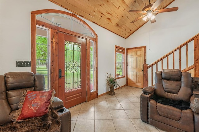 tiled foyer featuring ceiling fan, high vaulted ceiling, and wooden ceiling