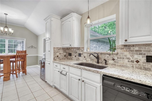 5303 Creek Ln, College Station, TX 77845 - kitchen with a sink, black dishwasher, a chandelier, wine cooler, and white cabinets