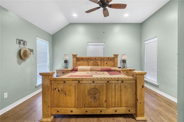 5303 Creek Ln, College Station, TX 77845 - bedroom with light wood-style floors, baseboards, a ceiling fan, lofted ceiling, and recessed lighting