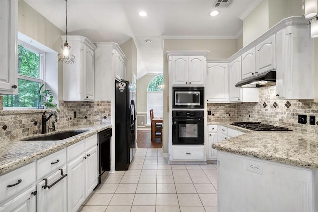 5303 Creek Ln, College Station, TX 77845 - kitchen featuring black appliances, a sink, under cabinet range hood, white cabinetry, and crown molding