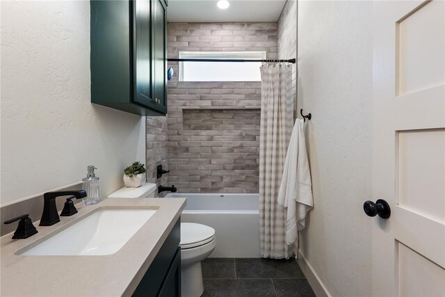 7800 Mathis Creek Dr, Bryan, TX 77808 - bathroom with vanity, shower / tub combo with curtain, tile patterned floors, and toilet