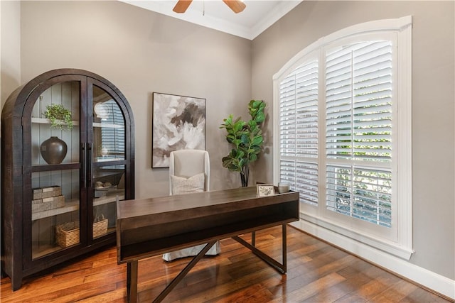 5106 Bellerive Bend Dr, College Station, TX 77845 - home office featuring baseboards, crown molding, wood finished floors, and ceiling fan
