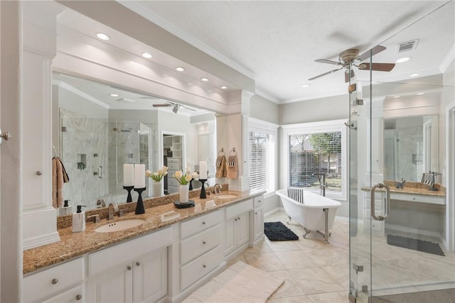 5106 Bellerive Bend Dr, College Station, TX 77845 - full bathroom featuring a shower stall, crown molding, a sink, and a ceiling fan