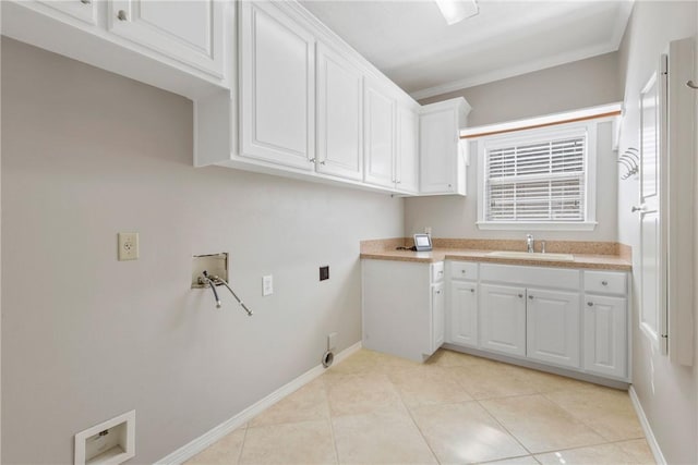 5106 Bellerive Bend Dr, College Station, TX 77845 - clothes washing area with light tile patterned floors, hookup for a washing machine, baseboards, a sink, and cabinet space