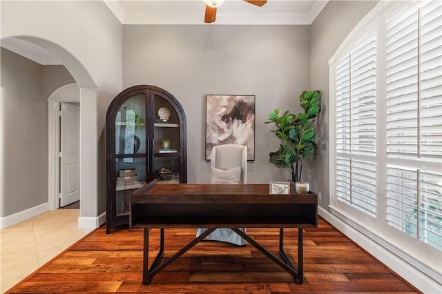 5106 Bellerive Bend Dr, College Station, TX 77845 - tiled office with baseboards, a ceiling fan, arched walkways, and crown molding