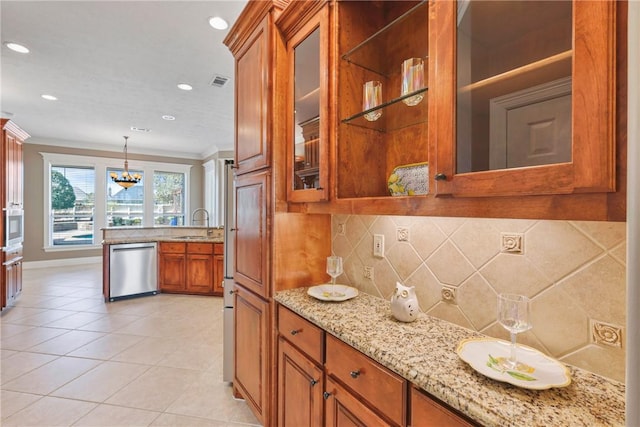 5106 Bellerive Bend Dr, College Station, TX 77845 - kitchen with a sink, dishwasher, brown cabinets, light tile patterned floors, and ornamental molding