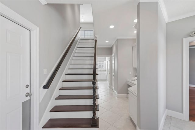 5106 Bellerive Bend Dr, College Station, TX 77845 - staircase featuring baseboards, recessed lighting, ornamental molding, and tile patterned floors
