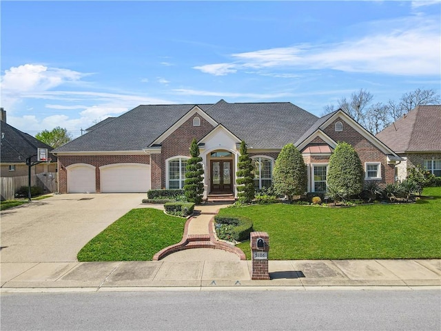 5106 Bellerive Bend Dr, College Station, TX 77845 - view of front of home with driveway, french doors, an attached garage, brick siding, and a front lawn