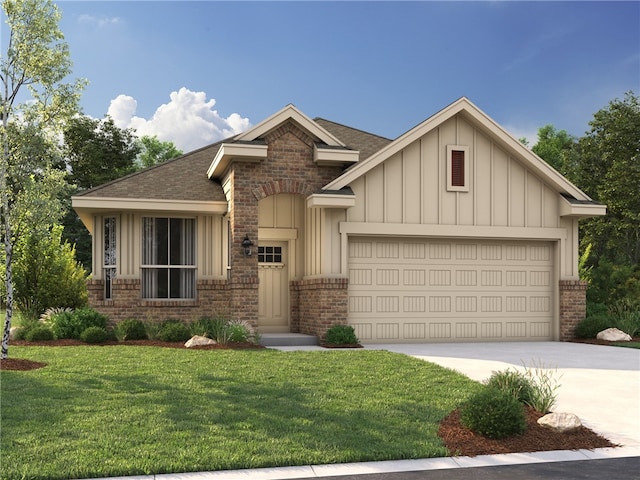 2778 Messenger Way, Bryan, TX 77803 - view of front facade with brick siding, an attached garage, driveway, a front yard, and board and batten siding