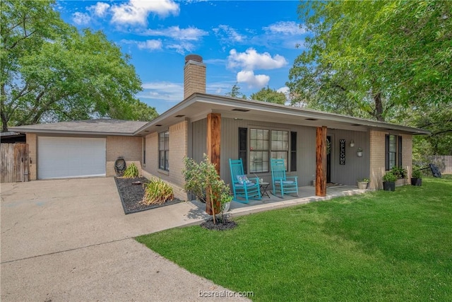 single story home featuring a garage, covered porch, and a front yard