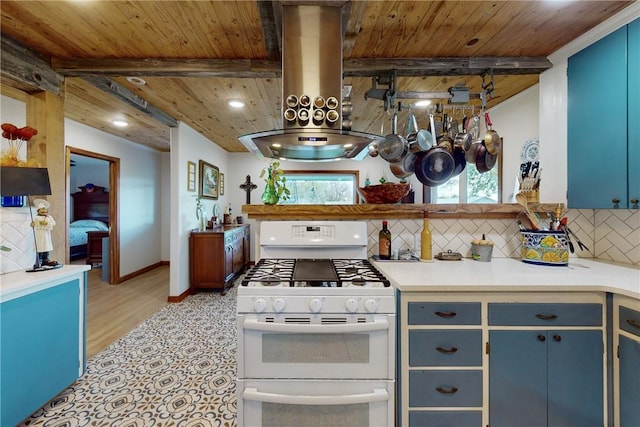 kitchen with beam ceiling, light hardwood / wood-style flooring, decorative backsplash, island range hood, and white gas range oven