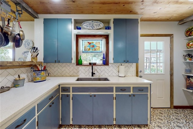 kitchen with backsplash, sink, wood ceiling, and blue cabinets