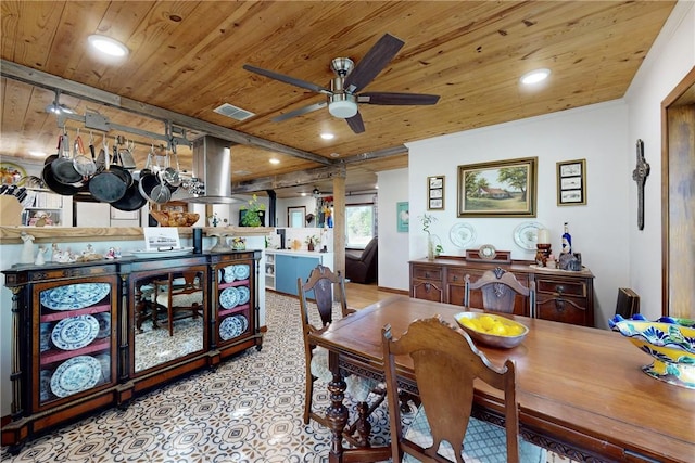 dining room with ceiling fan and wooden ceiling