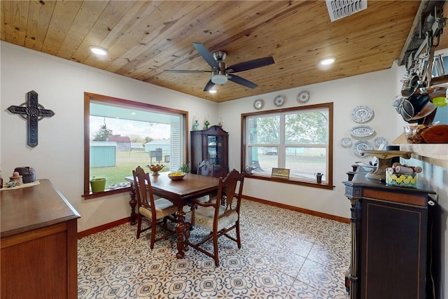 tiled dining space featuring ceiling fan and wooden ceiling