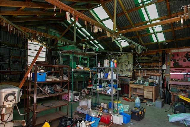 miscellaneous room with a workshop area and vaulted ceiling